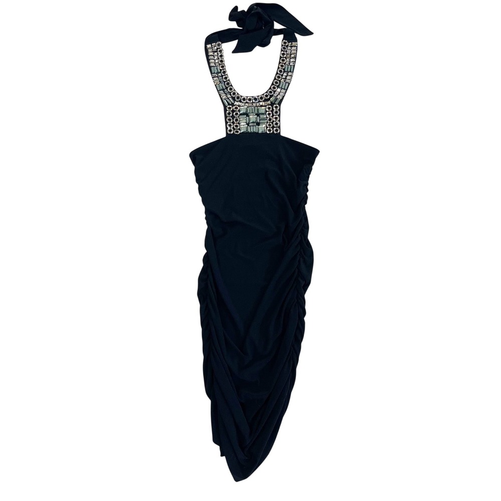 Y2K Suzy Shier Black Jeweled Halter Neck Ruched Bodycon Dress Cocktail Size XS